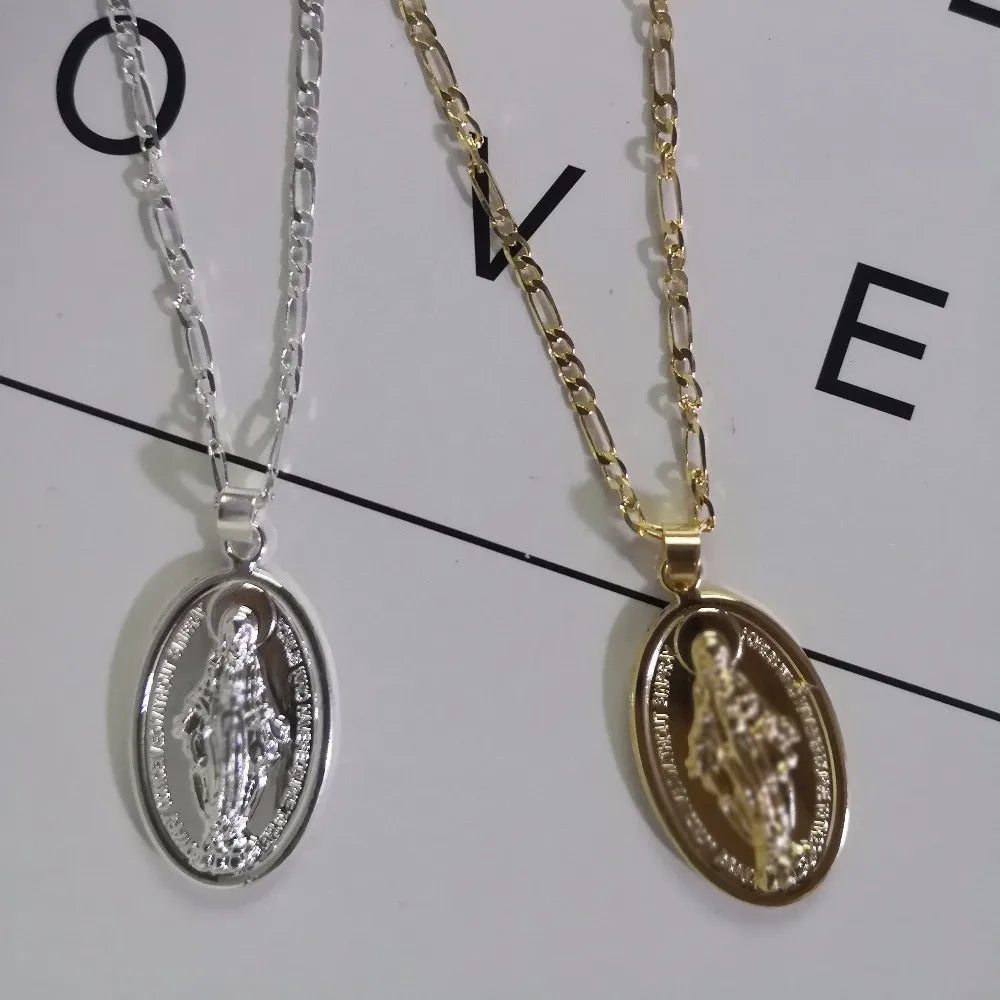 Gold Color Medallion Virgin Mary Coin Necklace For Women Men Long Layer Religion Pendants Necklaces Fashion Jewelry A061