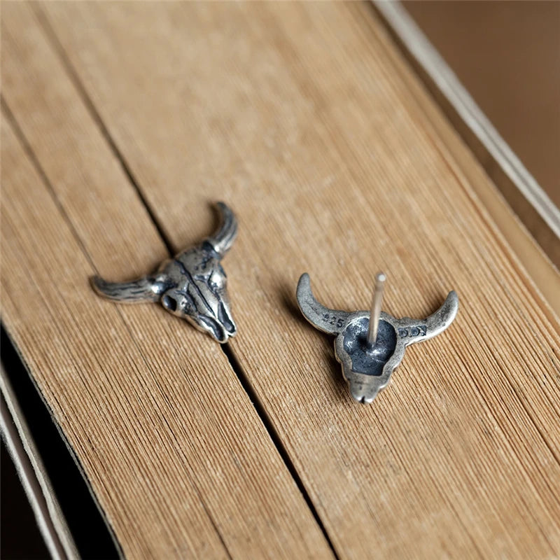 MKENDN 100% S925 Sterling Silver Men Women Sheep Head Skeleton Stud Earring Gothic Style Pubk Dark Style Ear Jewelry