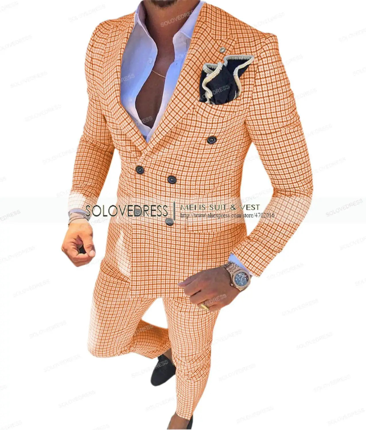 Men's Suit Brown Formal 2 Pieces Slim Fit Double breasted Plaid Soft Wool Tweed Prom Tuxedos Wedding Groomsmen (Blazer+Pants)