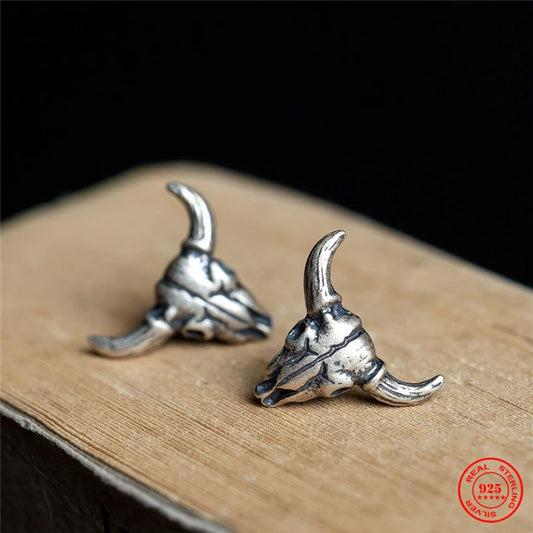 MKENDN 100% S925 Sterling Silver Men Women Sheep Head Skeleton Stud Earring Gothic Style Pubk Dark Style Ear Jewelry