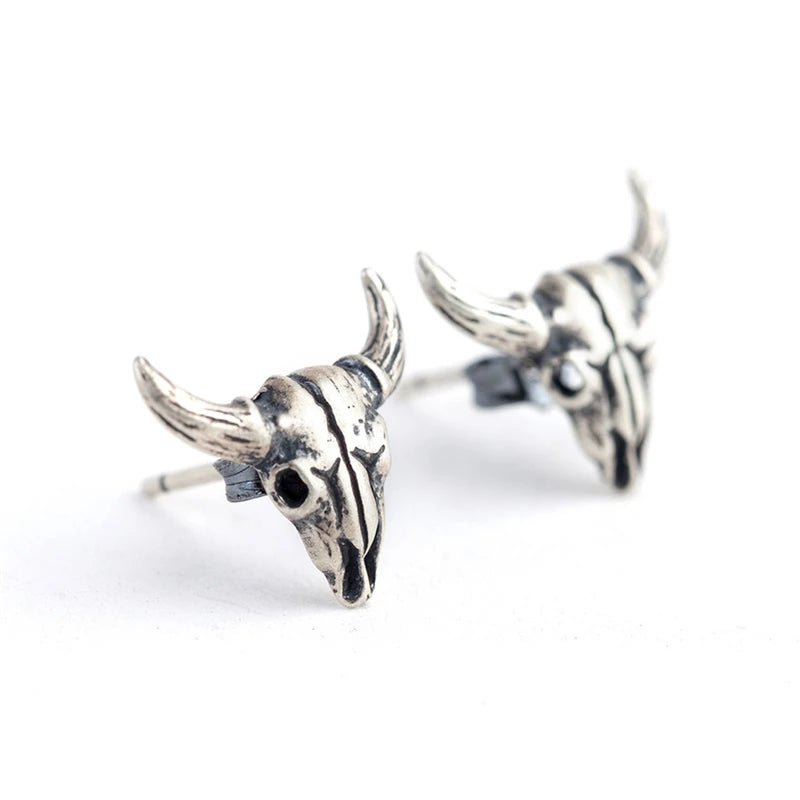 MKENDN 100% S925 Sterling Silver Men Women Sheep Head Skeleton Stud Earring Gothic Style Pubk Dark Style Ear Jewelry