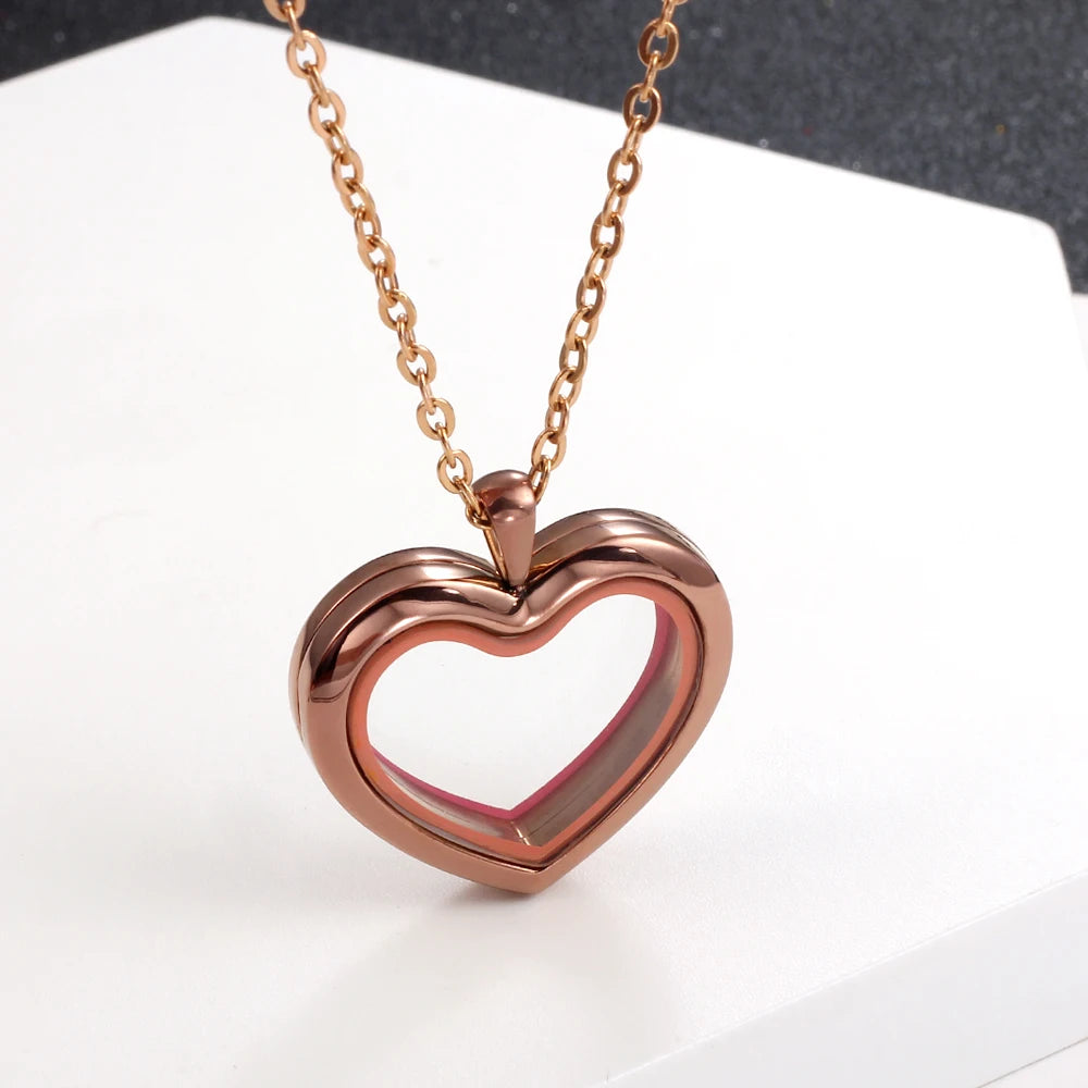 URS 30mm Peach Magnetic Closure Heart 316L Stainless Steel Floating Charm Living Glass Locket 50cm Chain Necklace Pendant