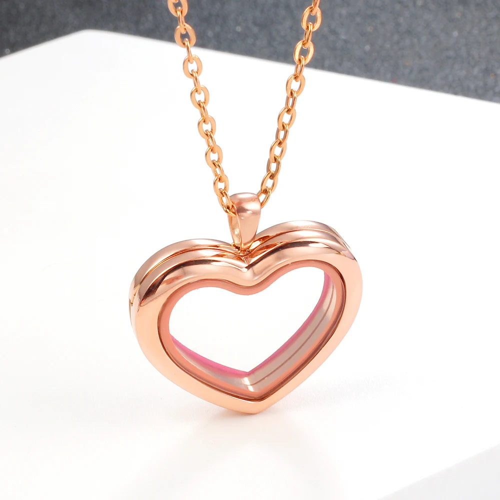 URS 30mm Peach Magnetic Closure Heart 316L Stainless Steel Floating Charm Living Glass Locket 50cm Chain Necklace Pendant
