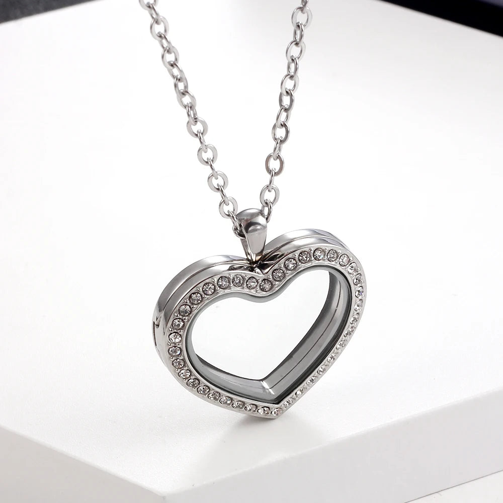 URS 30mm Peach Magnetic Closure Heart 316L Stainless Steel Floating Charm Living Glass Locket 50cm Chain Necklace Pendant