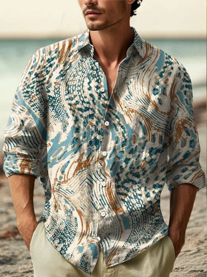 2025 Men's New Linen 3D Printed Long Sleeve Shirt Fashion Design Luxury Long Sleeve Shirt Four Seasons Lapel Button Shirt