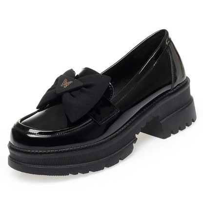 Spring Women British Style Shallow Patent Leather Black Loafers Thick Bottom Bow Platform Shoes 2024 Med Heels Single Pumps