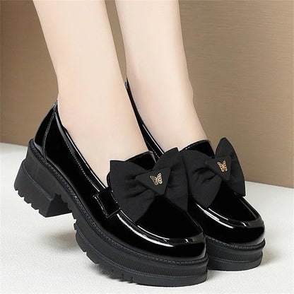 Spring Women British Style Shallow Patent Leather Black Loafers Thick Bottom Bow Platform Shoes 2024 Med Heels Single Pumps