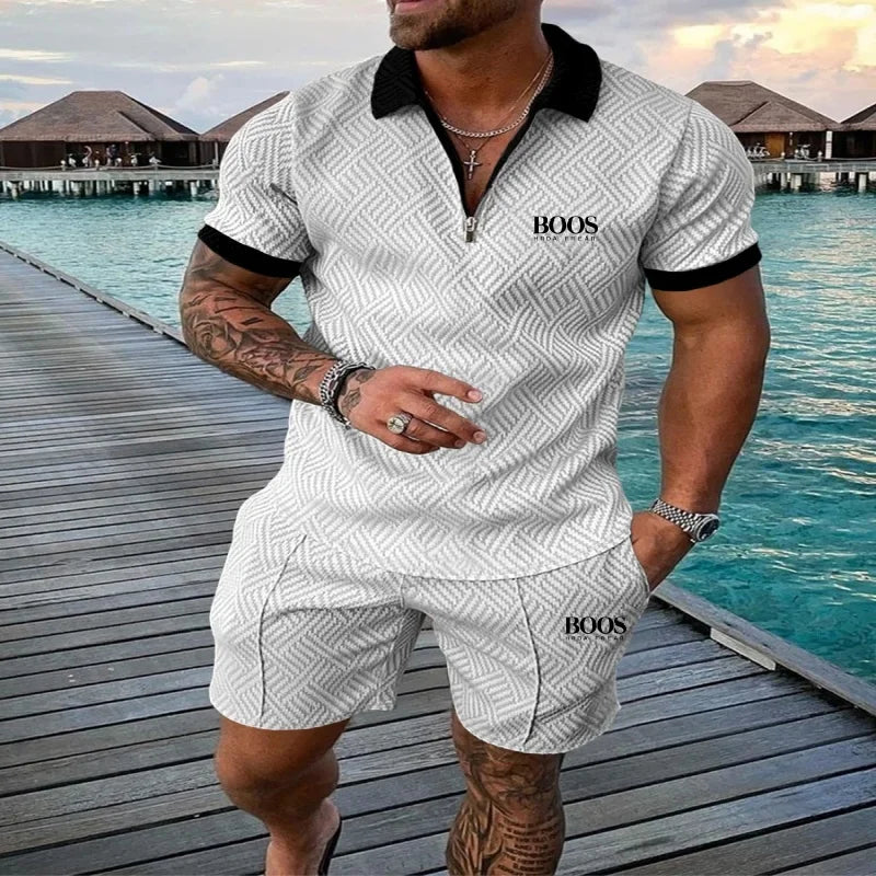 Summer men's embroidered high-quality zipper short sleeved shorts set, new fashionable and casual multifunctional beach set