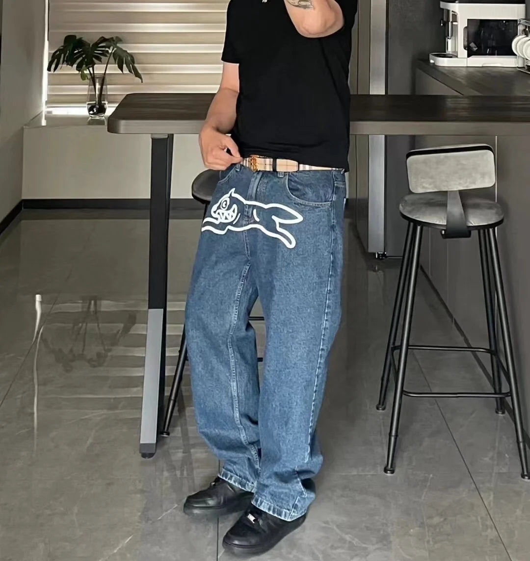 High Quality American Trendy Brand Jeans Icecream Running Dog Emboridery Wide Jeans Fashion Streetwear Denim Jeans Men