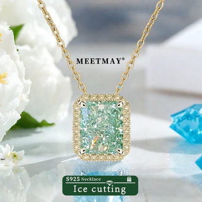 S925 sterling silver plated platinum rectangular mint green sparkle ice cut zircon pendant necklace for women fine jewelry gifts
