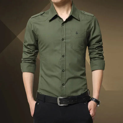 2025 Men's Epaulette Shirt Fashion Full Sleeve Epaulet Shirt Military Style 100% Cotton Army Green Shirts with Epaulets