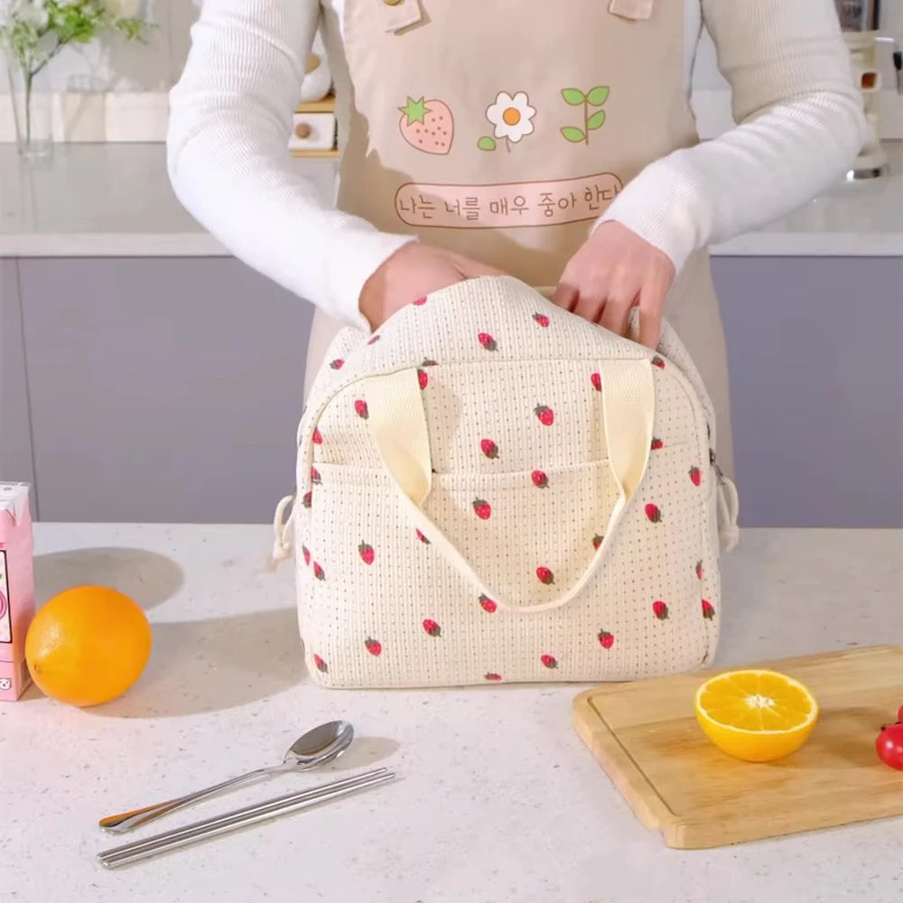 1pc Corduroy Insulation Lunch Bag Portable Hand-held Bento Bag Large Capacity Flower Strawberry Patterned Outdoor Picnic Bag