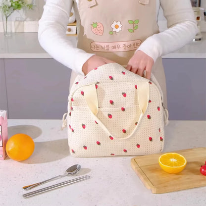1pc Corduroy Insulation Lunch Bag Portable Hand-held Bento Bag Large Capacity Flower Strawberry Patterned Outdoor Picnic Bag