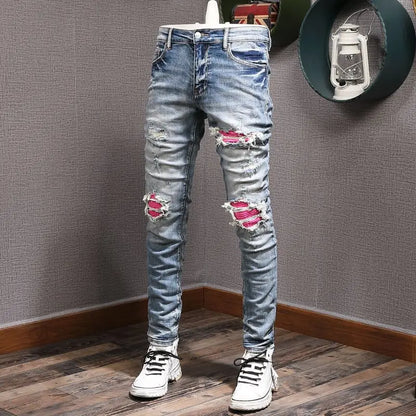 Men's Clothing Autumn and Winter Slim-fit Jeans Ripped Leggings Trendy Brand Cotton Handsome Trousers