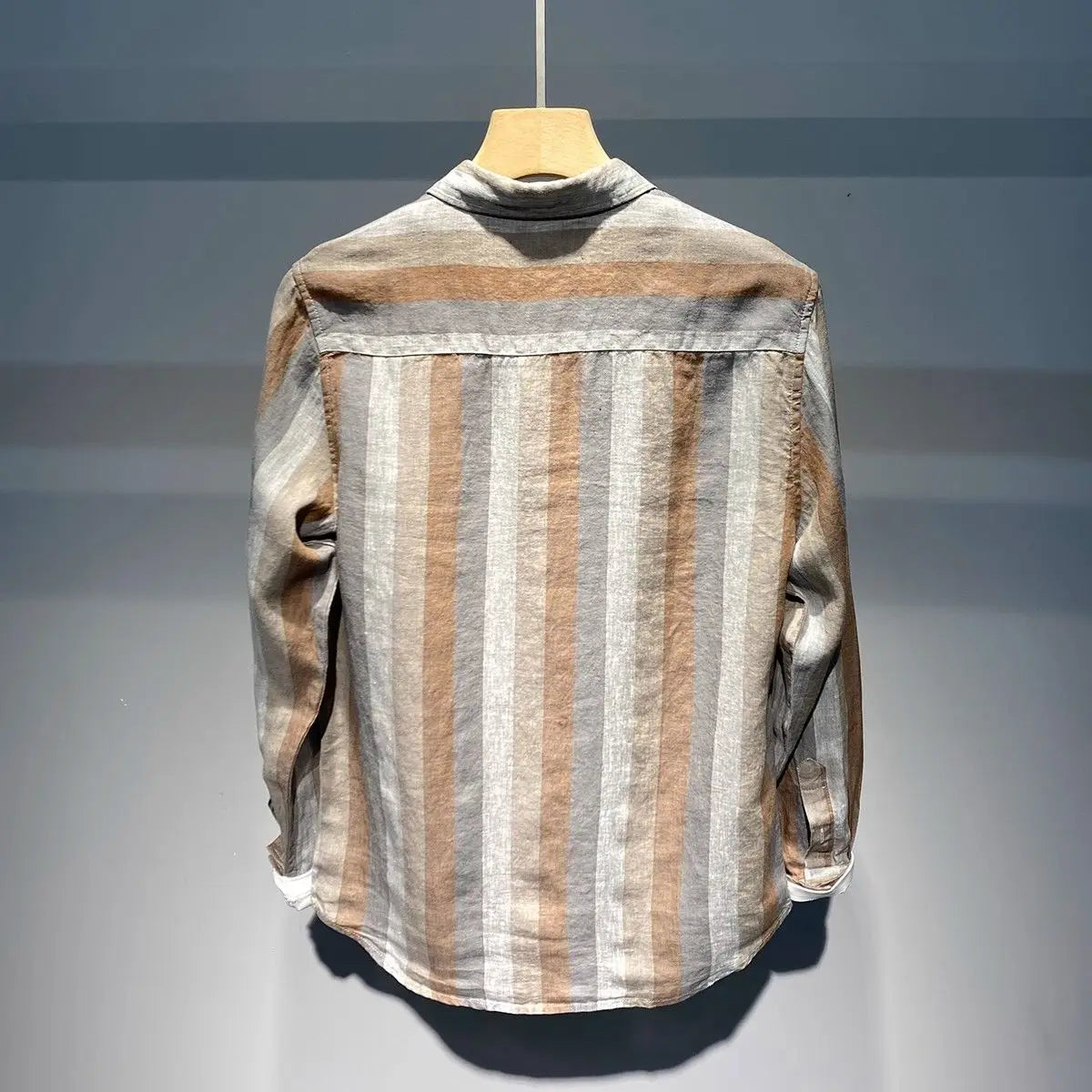 Autumn Striped Contrast Color Long Sleeve Shirt Men Breathable Loose Casual Retro Linen Shirt