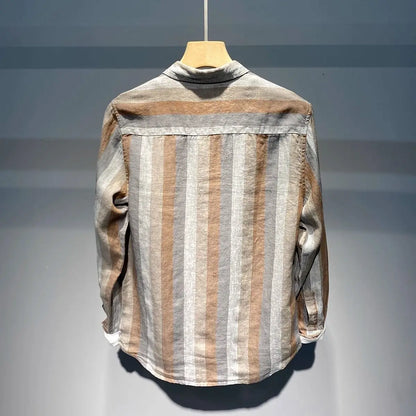 Autumn Striped Contrast Color Long Sleeve Shirt Men Breathable Loose Casual Retro Linen Shirt