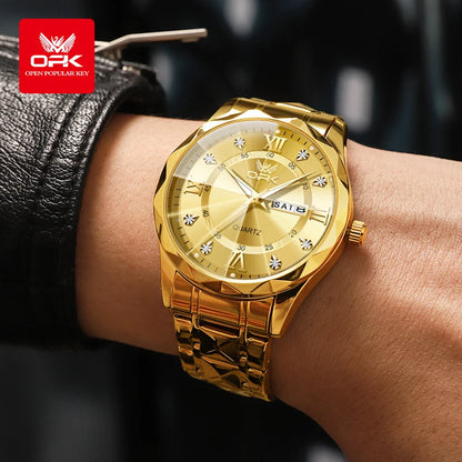 OPK Brand men's steel strap quartz watch dual calendar waterproof night light 6023