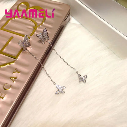 Solid 925 Silver Earring Cute Full Rhinestone Cubic Zircon Inlay Paved Butterfly Thread Pendientes Jewelry for Female Femme Gift