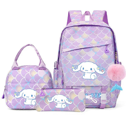 3Pcs Cinnamoroll Fish Scale Kid Backpack With Mermaid Pendant Lunch Girl School Bag Children Schoolbag For Teenage Girls