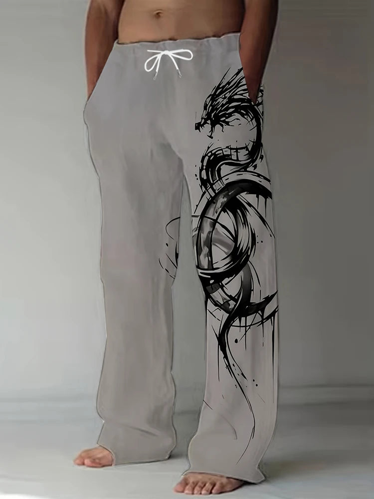 Spring Summer Men's Cool Touch Trousers Dragon Print Stretch Large Size Breathable Trousers Hawaii Beach Drawstring Trousers