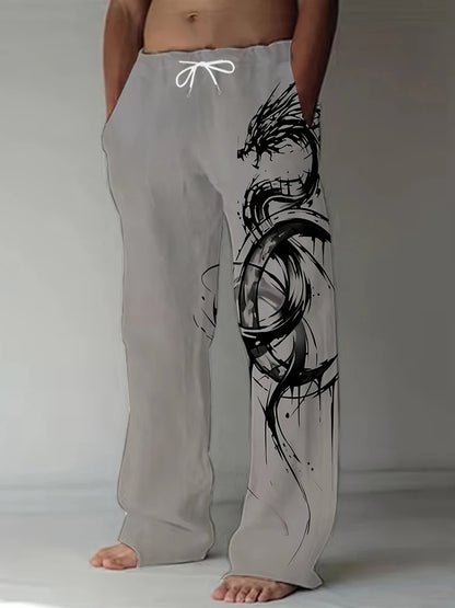 Spring Summer Men's Cool Touch Trousers Dragon Print Stretch Large Size Breathable Trousers Hawaii Beach Drawstring Trousers