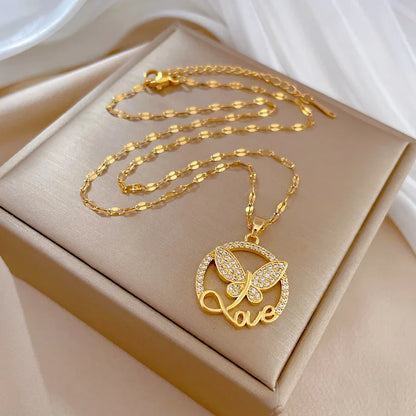 DIEYURO 316L Stainless Steel Butterfly Love Letter Pendant Necklace For Women Girl New Trend Clavicle Chain Jewelry Lady Gift
