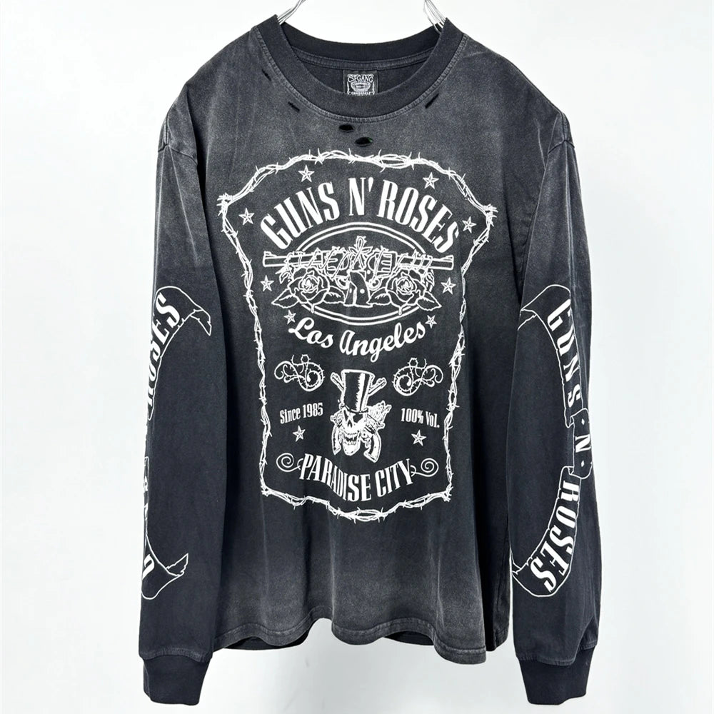 Vintage Hole SAINT Guns N' Roses Las Vegas Limited Washed T Shirt Men Women oversized Black Tee Tops T-Shirts