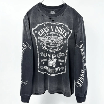 Vintage Hole SAINT Guns N' Roses Las Vegas Limited Washed T Shirt Men Women oversized Black Tee Tops T-Shirts