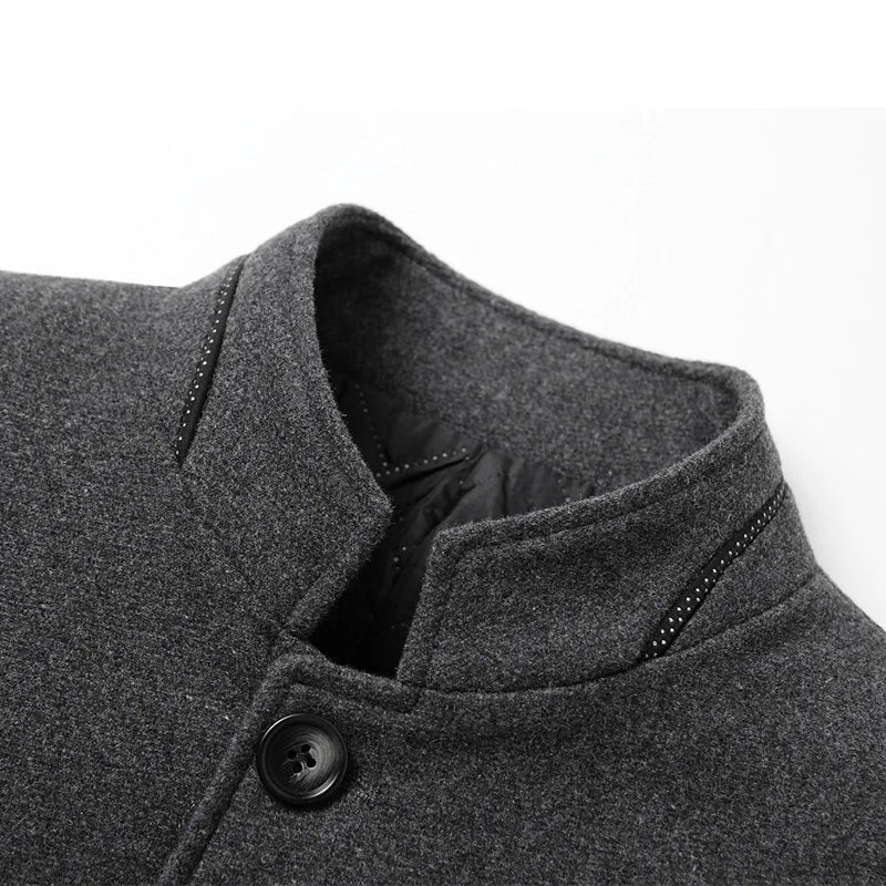 Mens Woolen Jacket Suit Stand-up Collar Middle-aged Autumn and Winter Woolen Men Jacket