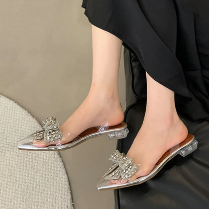 Liyke Summer Fashion Crystal Sequined Bowknot Women Pumps Sexy Pointed Toe Clear Low Heels Mules Sandals PVC Transparent Shoes