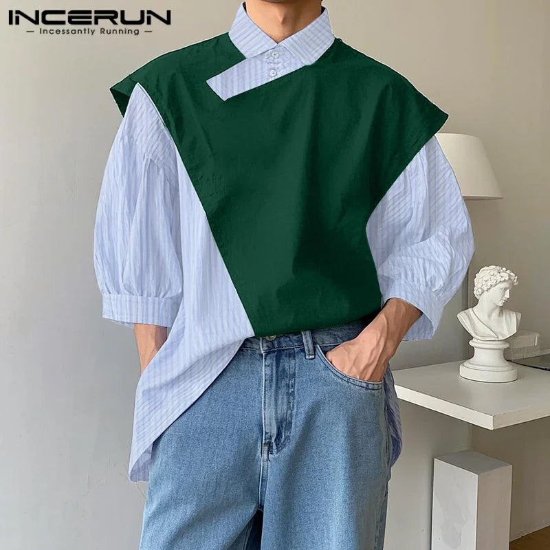 Summer Spring Men Shirts Fashion Patchwork INCERUN Striped Shirt Men's Clothing Streetwear Lapel Tops Oversize S-5XL