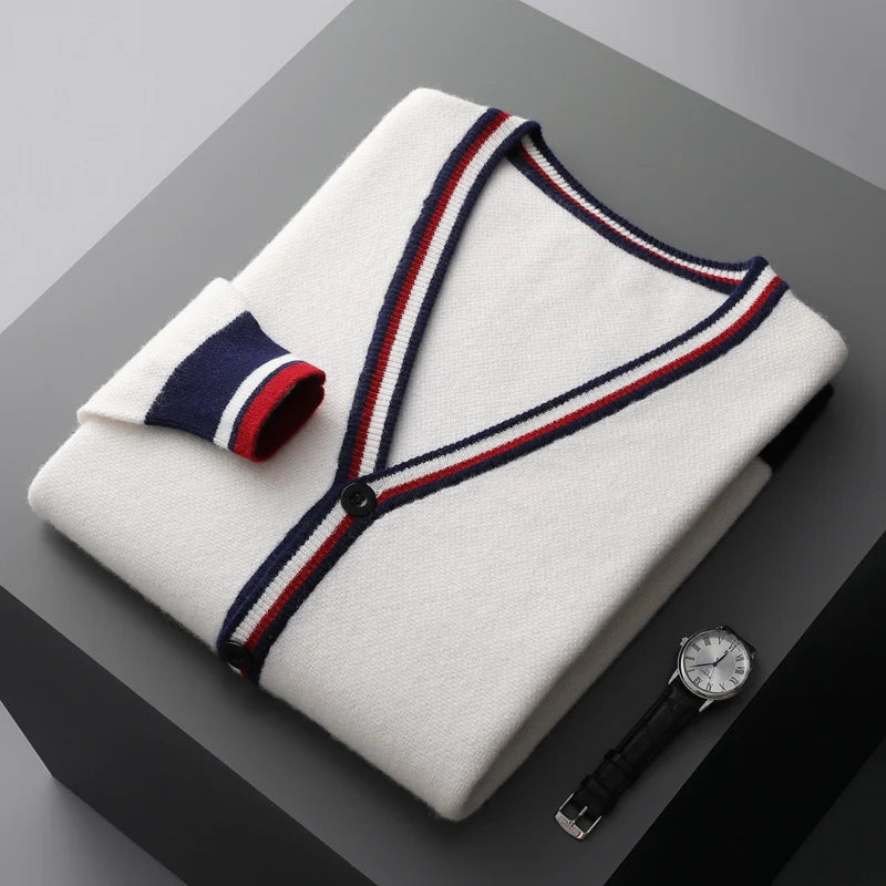 Autumn And Winter New Men's Cashmere Sweater V-Neck Color Contrast Long-Sleeved Cardigan Loose Large Coat 100 Pure Wool Knitting
