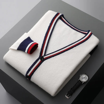 Autumn And Winter New Men's Cashmere Sweater V-Neck Color Contrast Long-Sleeved Cardigan Loose Large Coat 100 Pure Wool Knitting