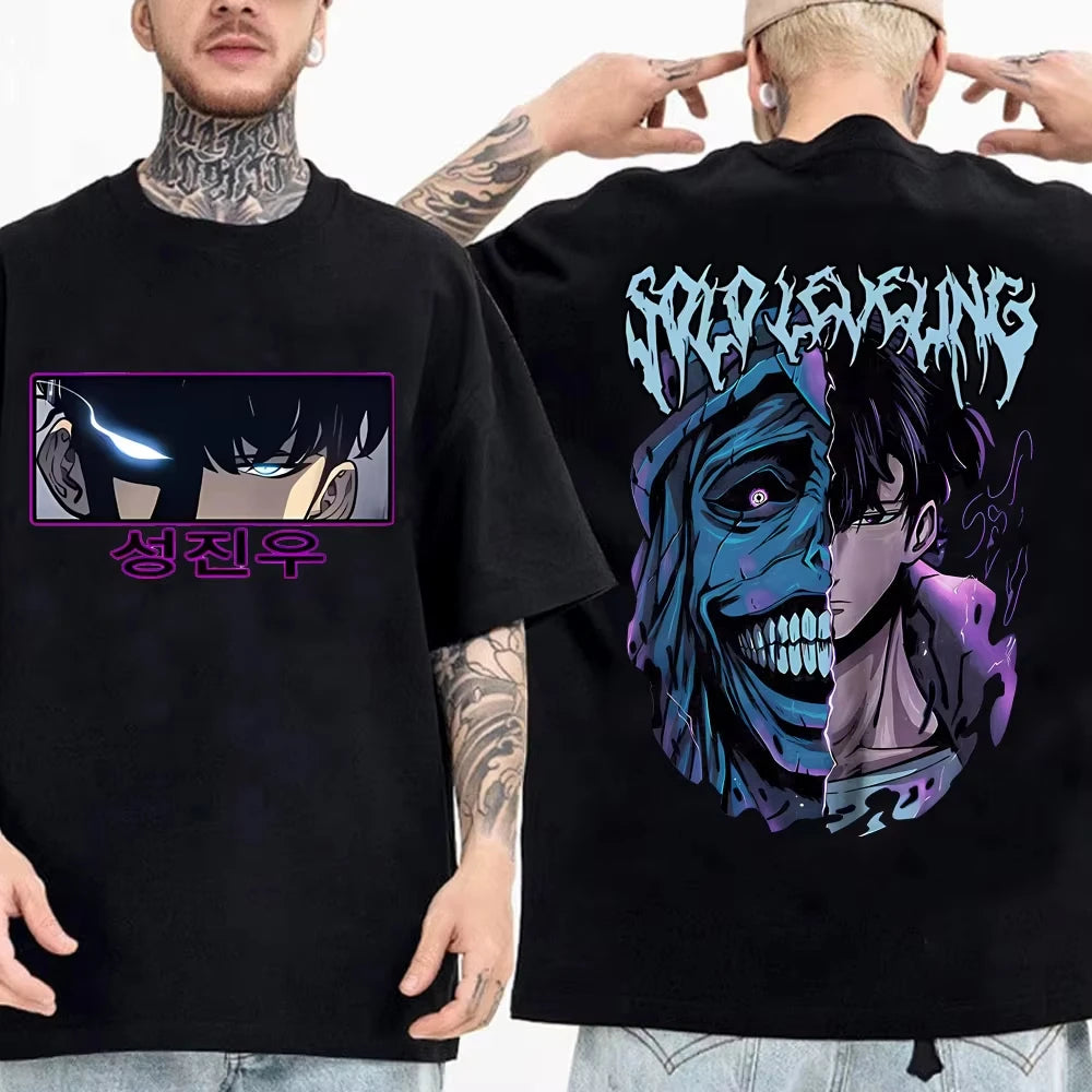 Japanese Anime Solo Leveling Kid T Shirt Sung Jinwoo Cartoon Tees Harajuku Women Short Sleeve High Quality Men Cotton Tshirt