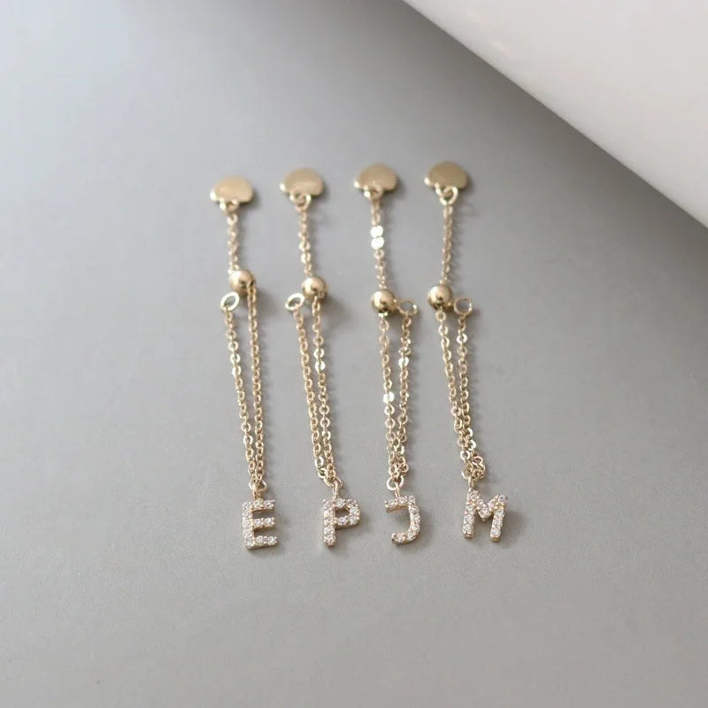 925 Sterling Silver Electroplated 18K Gold Inlaid Zircon Letter Chain Ring for Women Fashionable Simple Adjustable Ring