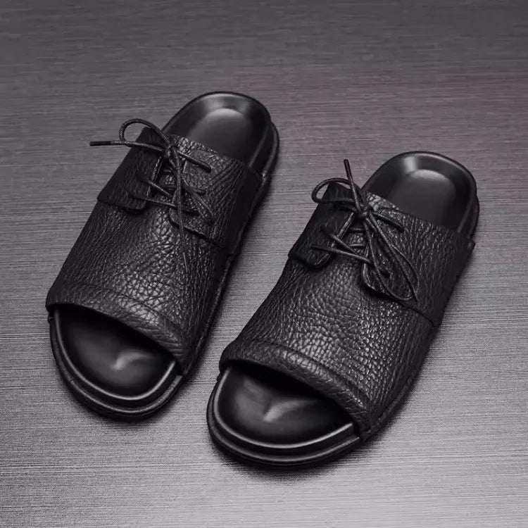 Summer Fashion Mens Lace Up Open Toe Cowhide Genuine Leather Slippers Casual Outside Beach Shoes Rome Flats Soft Platform Slides