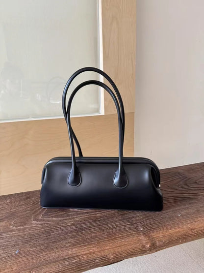 Modern Fashion Magnetic Attraction Clip Bowling Tote Light Yellow Cow Leather Women Handbag Long Handle Armpit Shoulder Bag