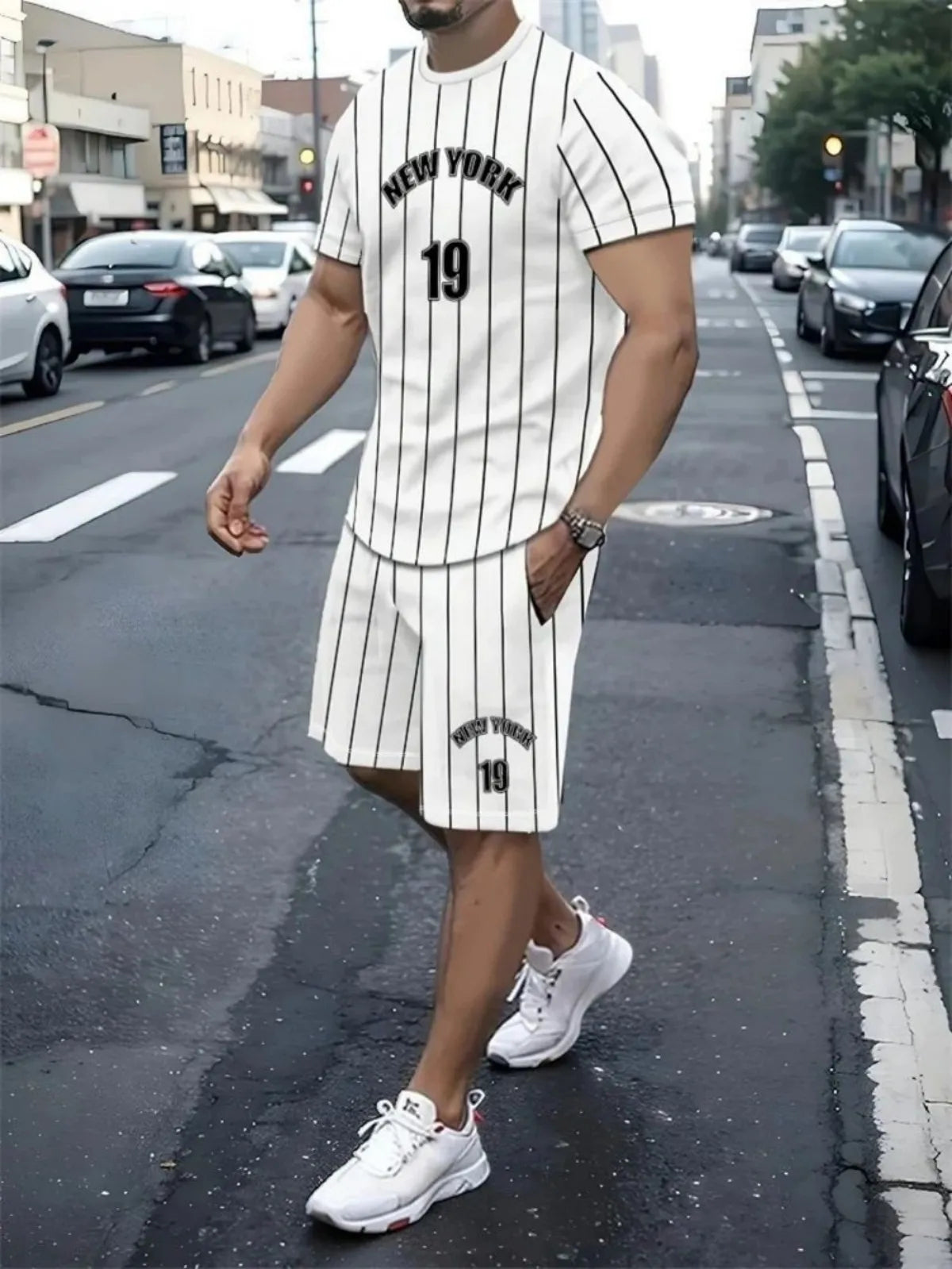 New summer men's comfortable and breathable digital printed round neck T-shirt shorts set suitable for outdoor leisure sports