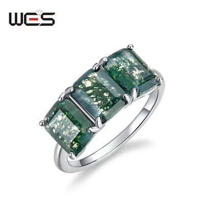 WES 925 Sterling Silver Three Stones Natural 6*8mm Moss Agate Ring for Woman Luxury Jewelry Wedding Party Gift Rhodium Plated