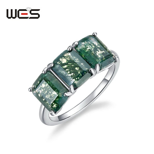 WES 925 Sterling Silver Three Stones Natural 6*8mm Moss Agate Ring for Woman Luxury Jewelry Wedding Party Gift Rhodium Plated