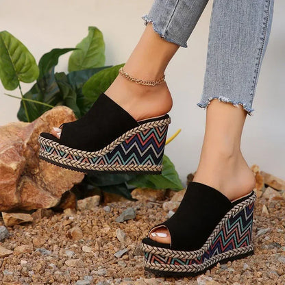 Summer New European and American Fashion Simple Ethnic Style Slope Heel Sandals with One Button High Heel Women's Shoes 2025