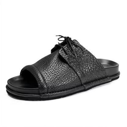 Summer Fashion Mens Lace Up Open Toe Cowhide Genuine Leather Slippers Casual Outside Beach Shoes Rome Flats Soft Platform Slides
