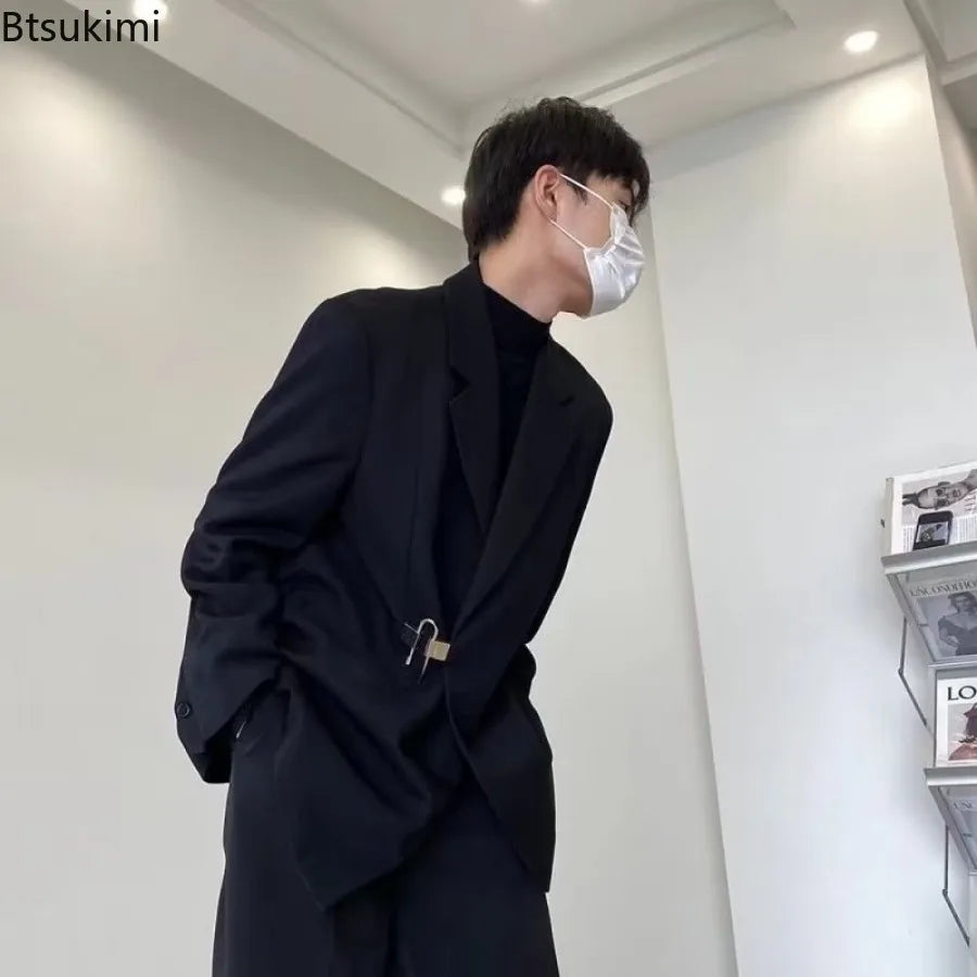 2025 Men's Korean Style Spring Casual Suit Jacekt Metal Buckle Male Loose  Male Solid Color Blazers Harajuku Long Sleeve Coats
