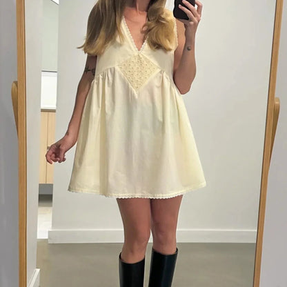 Women Summer Mini Tank Dress Sleeveless Deep V Neck Trendy Floral Eyelet Beach Dress