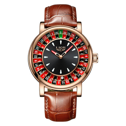 LIGE Fashion Leather Men Lucky Watch Rotating Dial Las Vegas Roulette Desktop Lucky Watch Men Waterproof Luminous Clock Watches