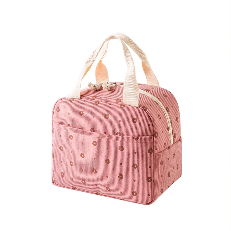 1pc Corduroy Insulation Lunch Bag Portable Hand-held Bento Bag Large Capacity Flower Strawberry Patterned Outdoor Picnic Bag