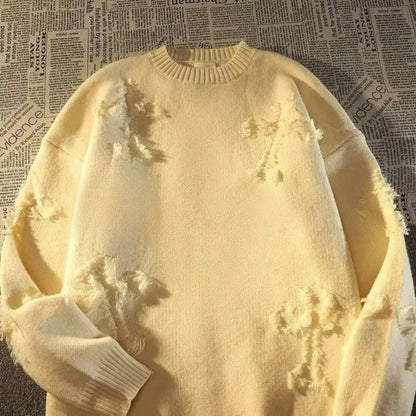 2023 New Autumn and Winter American Style Niche Design Sense Round Neck Tassel Hole Loose Casual Oversized Men's Knitted Sweater