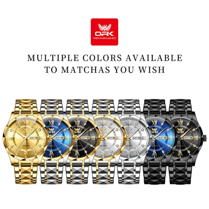 OPK Brand men's steel strap quartz watch dual calendar waterproof night light 6023
