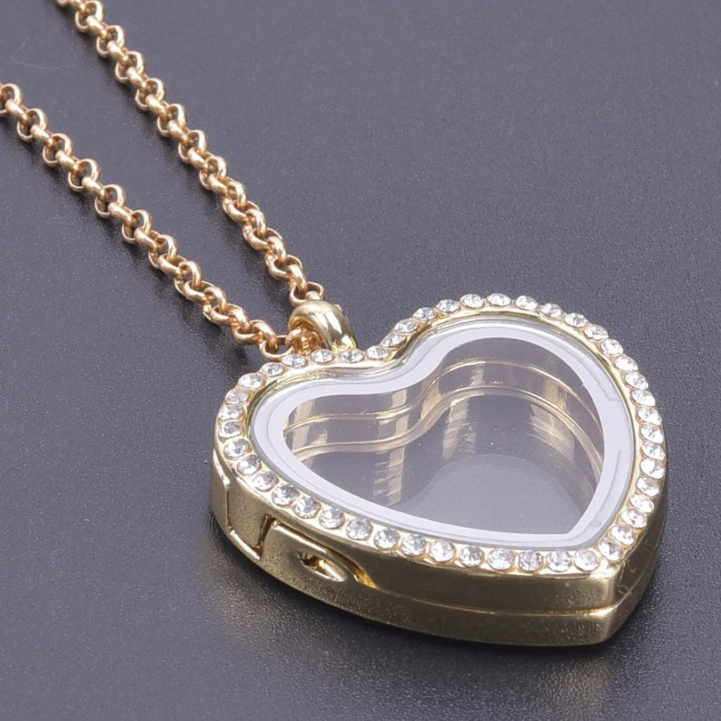 Glass Metal Gold Color Heart Round Water Drop Relicario Photo Locket Necklace Rhinestone Floating Charm O-shaped Chains Necklace