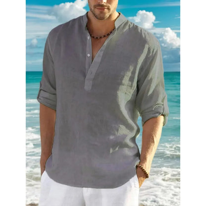 Men'sshirt Classic Casual Stand-up Collar Long-sleeved V-neck Shirt Sleeve Split-sleeved Light Breathable Beach Vacation T-shirt